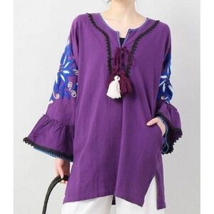 Sensi Studio Floral Embroidered Purple Cotton Tunic Top Cover Up Small Boho